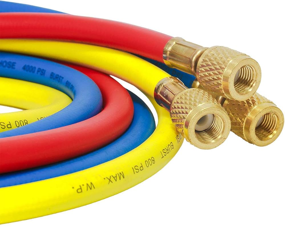 R134A/R22 Compact Charging Hose Set (1.2m, Red/Yellow/Blue, 1/4" SAE Female)